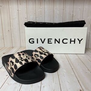 Givenchy Leopard Logo Slide Sandal Black/Beige Sz 38 / 8